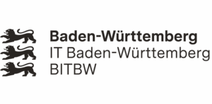 Drei schwarze heraldische Löwen vertikal auf der linken Seite, neben dem Text Baden-Württemberg IT Baden-Württemberg BITBW in fetter und regelmäßiger schwarzer Schrift auf weißem Hintergrund.